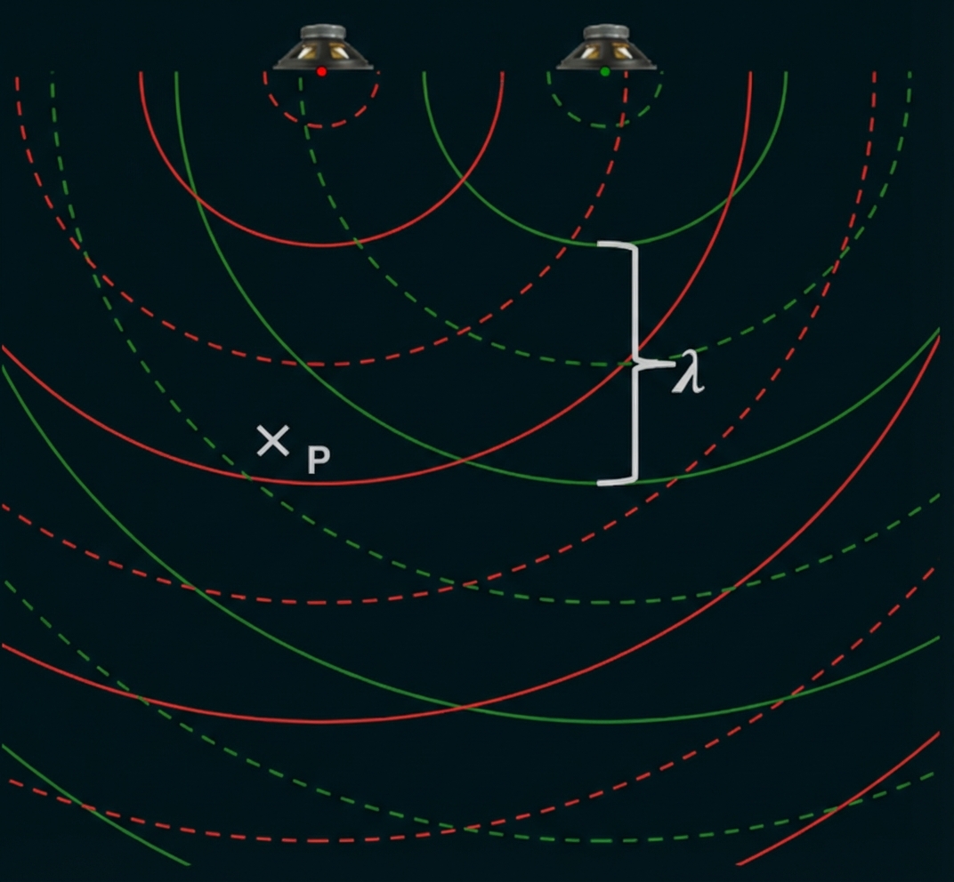 Zwei Lautsprecher zeigen Überlagerung roter und grüner Wellenfronten, Interferenzmuster mit markiertem Punkt x_P und Abstand λ.